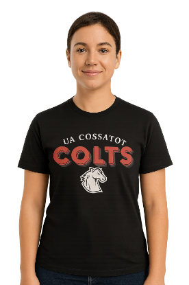 Image of college student in a black UA Cossatot Colts T-Shirt