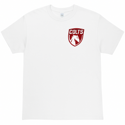 White T-shirt with Colts athletic logo on front and soccer logo screen printed on back