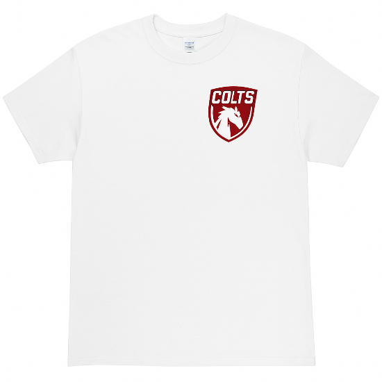 White T-shirt with Colts athletic logo on front and soccer logo screen printed on back