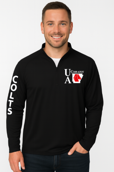 Black quarter-zip featuring the official logo and bold “COLTS” sleeve print. Lightweight, comfortable, and perfect for campus or game day.
