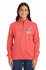 Female model wearing a pink quarter-zip sweatshirt with UA Cossatot Colts logo