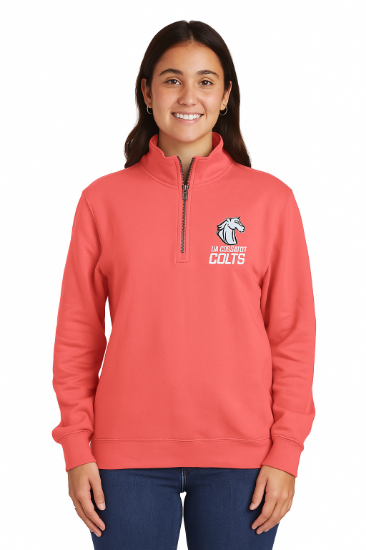 Female model wearing a pink quarter-zip sweatshirt with UA Cossatot Colts logo