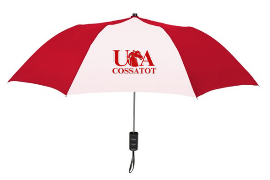 Red and white umbrella with UA Cossatot logo