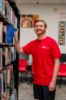College student wearing red cotton t-shirt